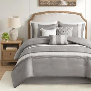 Madison Park Queen Comforter Set, Farmhouse Queen Comforter, Lace & Pintuck Design, Down Alternative, All Season Bedding Set, Bed Skirt, Shams & Decor Pillows, Lacey, Queen, Grey 7 Piece