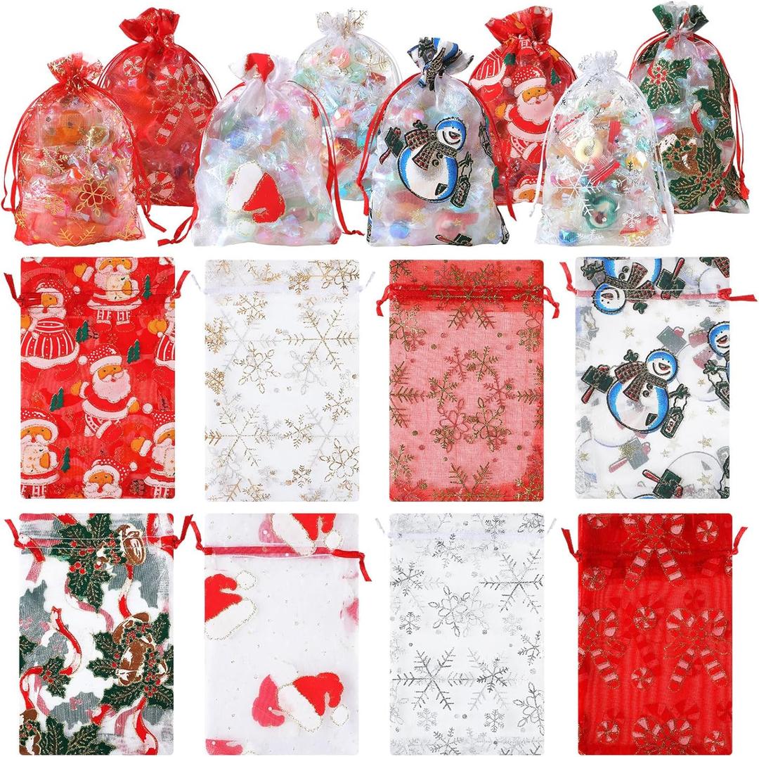 Wesnoy 150 Pcs Christmas Organza Gift Bags with Drawstring 4 x 6 Inch 8 Styles Mesh Pouch Bags Snowflake Snowman Santa Small Christmas Organza Drawstring Bag for Xmas Party Favor Jewelry Candy Wedding