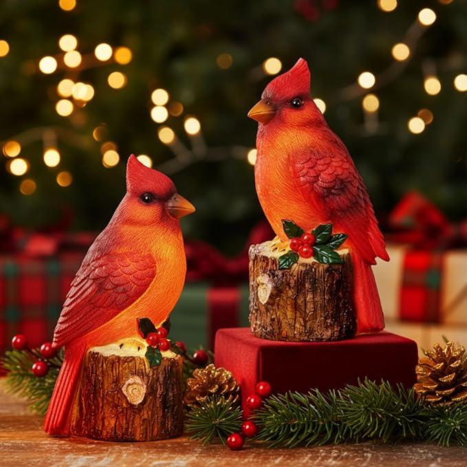 Wesiti 2 Pcs Christmas Cardinal Statue Lights Red Bird Table Figurine Cardinal Sculptures Tabletop Lighted Decorations for Christmas Ornament Gifts