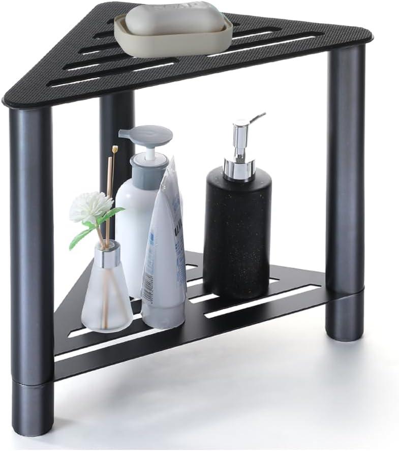 Shower Stool for Shaving Legs, Shower Bench for Inside Shower, Corner Shower Bench, Shower Shaving Foot Rest Suitable for Small Shower Spaces-Safe & Stable with Storage Shelf - Black