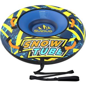 47'' Heavy Duty Snow Tube with Premium Canvas Cover and 4 Foam Filled Handles, Inflatable Snow Sled for Kids and Adult, Thickened Hard Bottom Snow Tubes for Winter Outdoor Fun Sledding