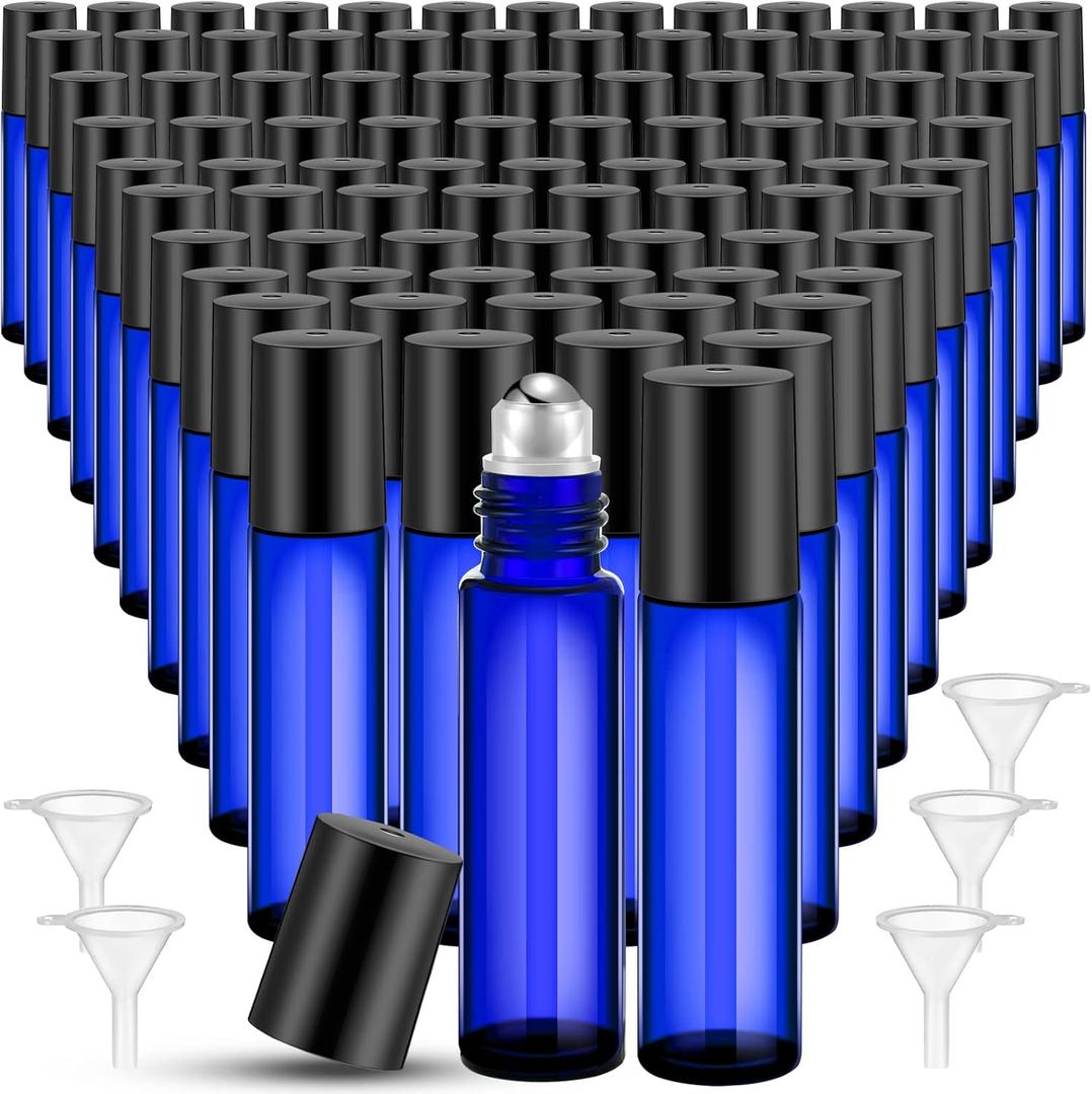 Sumind 150 Pcs Essential Oil Roller Bottles 10 ml Glass Empty Roll on Bottles with Stainless Steel Balls Leak Proof with 5 Funnel for Travel Essential Oil(Blue)