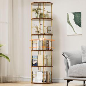 Flycity 5 Tier Rotating Bookshelf, 360 Corner Bookshelf Tower, Round Revolving Bookcase with Special Visible Partition Storage, Narrow Book Shelf Organizer for Living Room, Small Space, Gold
