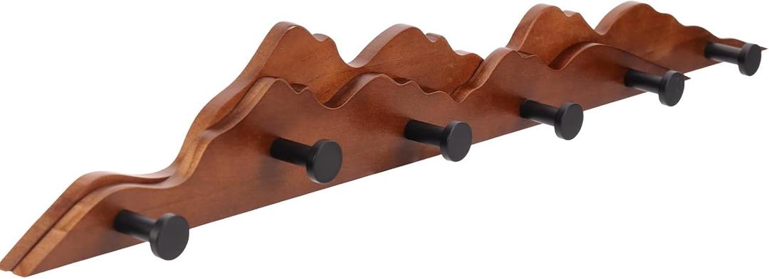 Wooden Mountain Wall Coat Rack, Brown, 23.5 Inches | Solid Wood, 6 Rustproof Hooks, Holds Heavy Coats, Backpacks, Hats, Perfect for Bedroom, Entryway, and Entrance