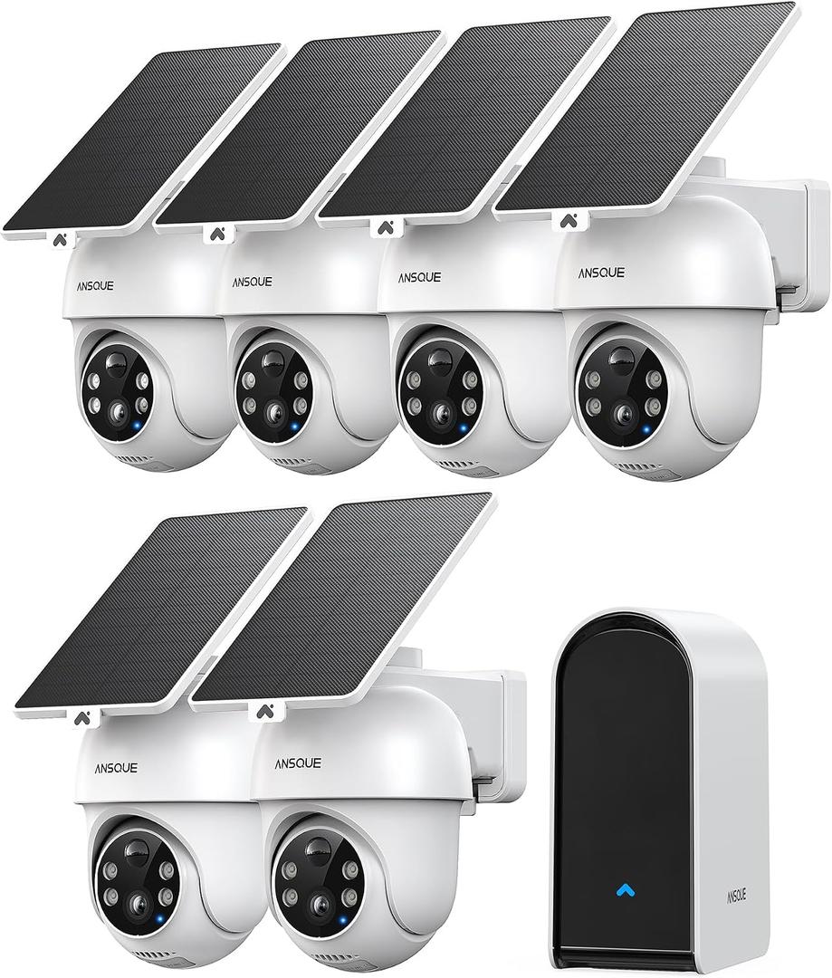 ANSQUE Security Cameras Wireless Outdoor Home System, 6 Camera Kit, No Subscription Fees, Solar Powered, Local Storage, 365-Day Battery Life, 360PTZ Surveillance, Auto Tracking, 2K Color Night Vision
