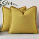 decorUhome Summer Decorative Neutral Linen Fringe Euro Sham Throw Pillow Covers Set of 2 Mustard Yellow Pillow Covers with Tassels Soft Farmhouse Boho Accent Pillow Cases for Couch Bed Sofa 22x22 Inch