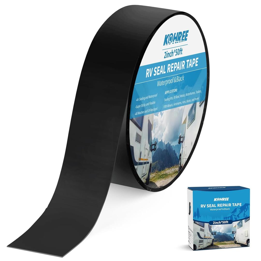 Kohree RV Sealant Tape, 2 Inch x 50 Foot RV Roof Tape Black, UV & Weatherproof Butyl Sealant Roofing Tape for RV Repair, Window, Boat Sealing, Truck Stop Camper Roof Leaks