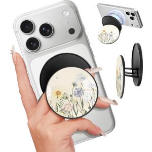 Kidcube Magnetic Phone Grip Compatible with Magsafe - Cell Phone Grip Stand Magnetic Ring Holder Finger Kickstand for iPhone 17 16 15 14 13 12 Series Magnet Removable Accessories Cute Flower Floral