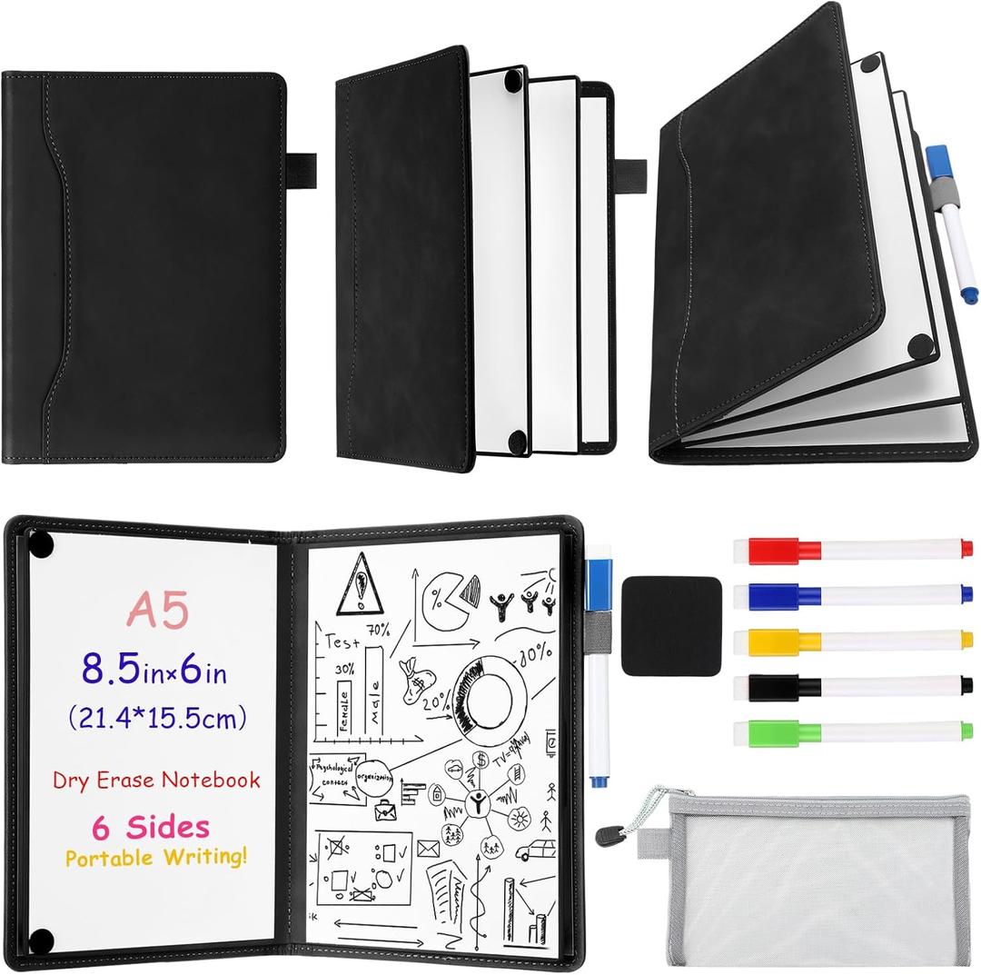 Feifeiya 6 Sides Dry Erase Notebook Portable Whiteboards Notepad 9"x6"(A5) Small Reusable Board Foldable Anti-ghosting Surface, Travel Dry Erase White Board for Office Study Meeting Planning (Black)