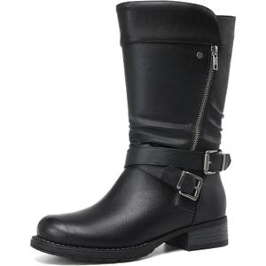 DECARSDZ Women's Mid-Calf Boots Fall Low Heel Fashion Ladies Combat Motorcycle Boots (7, Black)