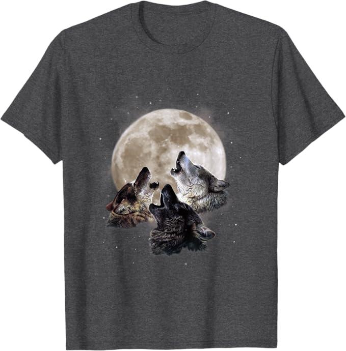  Three Wolves Howling at The Moon - Wolf Lover T-Shirt Small (Gray, L)