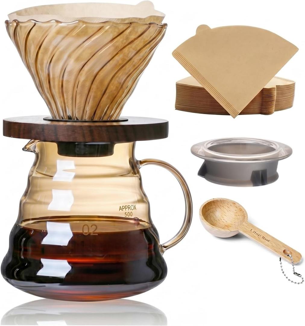 Pour Over Coffee Maker Set 20 oz, 600 ml Borosilicate Glass Coffee Server with Glass Lid, 50 pcs Paper Filter, Walnut Handle Pour Over Coffee Dripper for Home Caf Restaurant, Gold