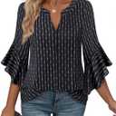 Bebonnie Womens Tops Dressy Casual Ruffle 3/4 Sleeve Henley V Neck Chiffon Blouses with Buttons (Black, XL)