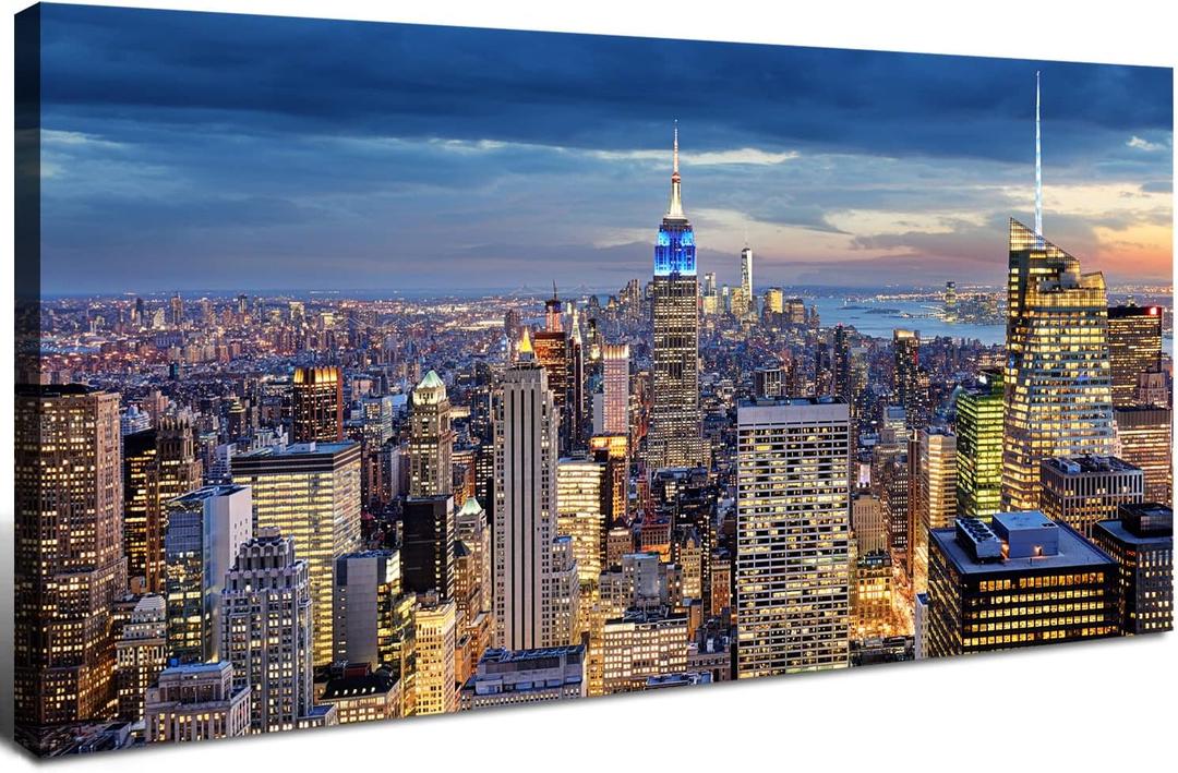 Large New York City Wall Art NYC Skyline Picture Office Wall Decor Modern Manhattan Cityscape Canvas Prints Night City Urban Skyscraper Panoramic Artwork for Bedroom Living Room Home Decoration 24x48"