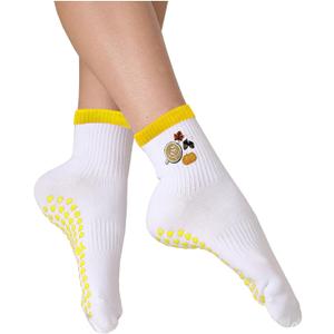 Women's Cute Grip Pilates Socks Non-Slip Crew Yoga Barre Socks with Colored cuff & Embroidery (Yellow-1 Pack)