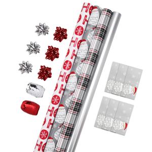 LaRibbons Christmas Wrapping Paper Set, Classic Santa Face & Plaid Design with Gift Bow & Ribbons & Tags, Perfect for Christmas, Holiday, Winter Party, Xmas, 30 Inch X 10 Feet (4Rolls, 100 sq.ft.ttl.)