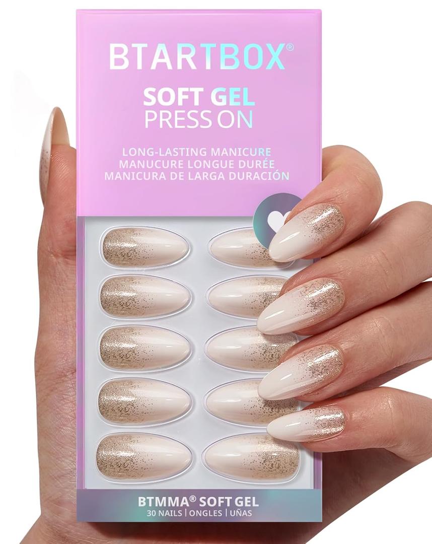 BTArtbox Press On Nails Almond - Champagne Frost, Medium Sparkle Press On Nails with Glue and Adhesive Tabs for Women in 15 Sizes - 30 Soft Gel Glue On Nails Kit