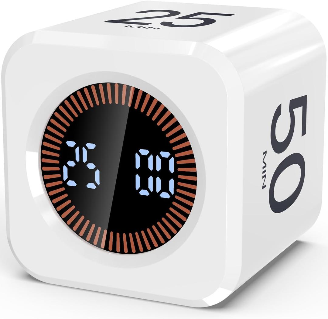 COWVTUJ Digital Pomodoro Timer Cube 5/10/25/50min, Visual Productivity Flip Timer for Kids Classroom Desk, Custom Countdown, Silent and Sound Mode for ADHD Study Work Game Kitchen (White)