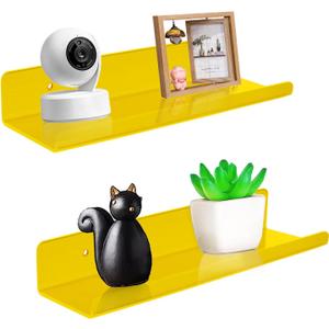 ROYALITA Small Acrylic Shelves Wall Mounted | Set of 2 | 12 Inches | Wall Hanging Plant Display Shelves, Room Decor Floating Wall Shelves for Gaming Room Bedroom, Living Room, Office, Yellow