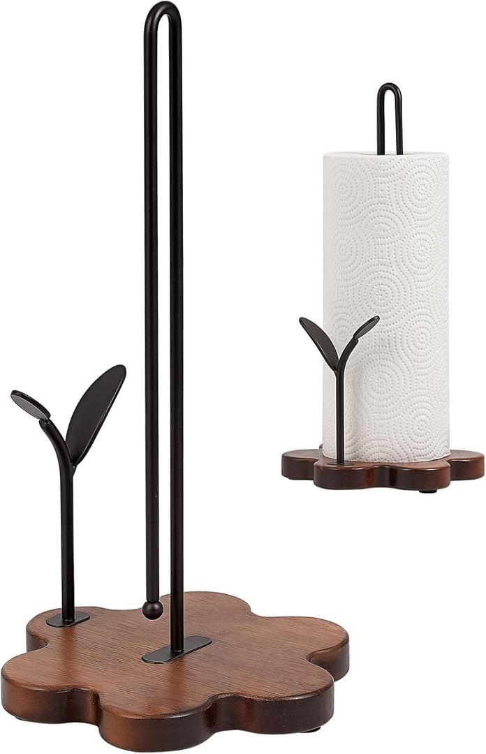 Wooden Paper Towel Holder Countertop, Floral Base with Dual Iron Rods in Antique Brown Finish, Leaf-Shaped Accent, Stable & Durable, Non Slip Pads, Elegant Kitchen/Dining Dcor