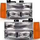 Headlights+Bumper Turn Signal Lamps+Amber Corner Side Marker Lights Compatible with 1994 1995 1996 1997 1998 1999 Chevy C/K Suburban 1500 2500 3500 Chrome Housing OE Style