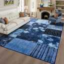 DweIke Washable 8x10 Area Rugs for Living Room, Large Modern Geometric Floral Bedroom Rug, Non-Slip and Stain Resistant Low Pile Throw Carpets for Dining Room Home Hardwood Floor Decor, Navy Blue