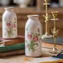Teweiqi Ceramic Rustic Farmhouse Vase, Distressed Floral Pattern, Holds Water, With Handle, 7.8 inches