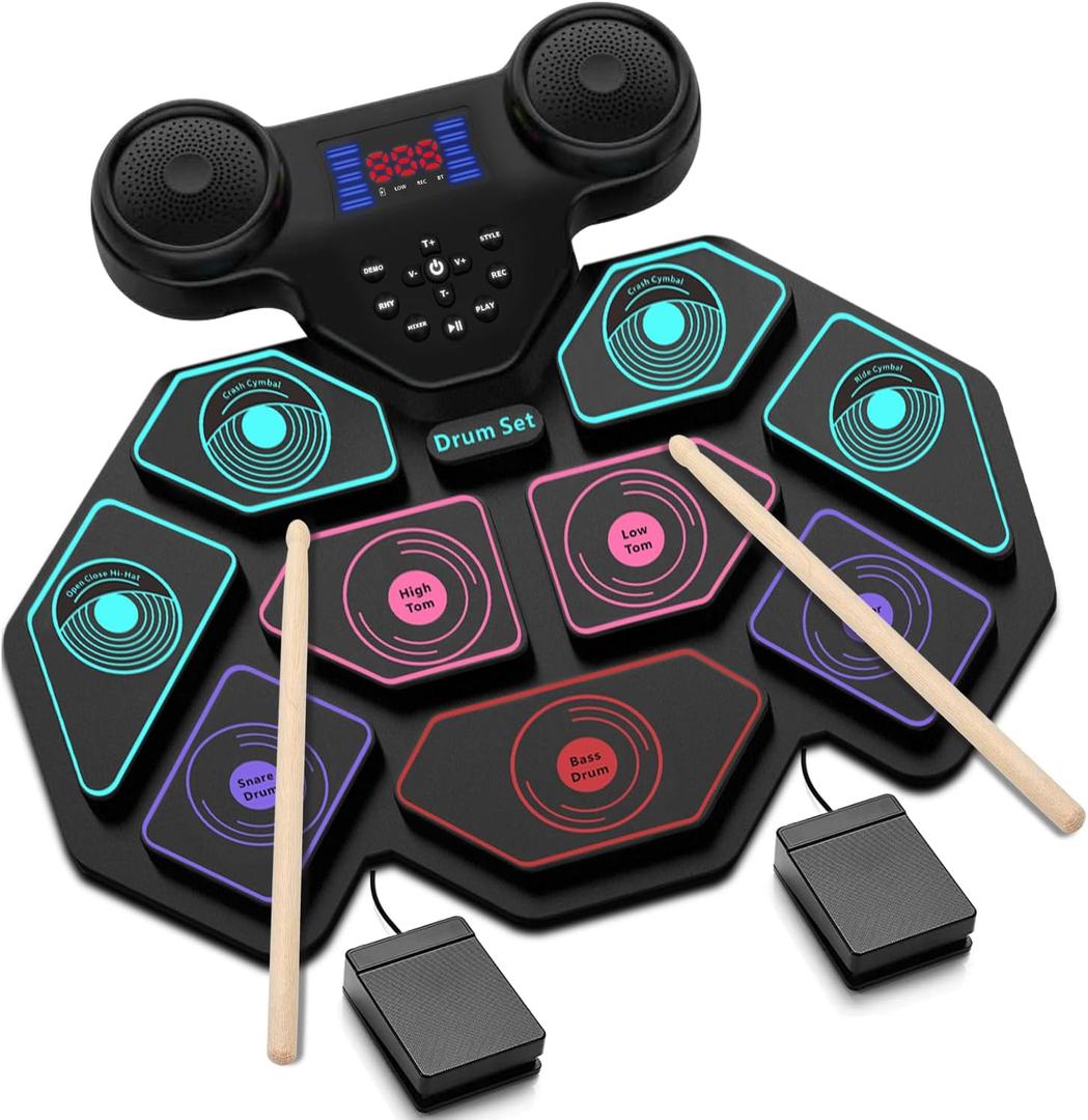 Electronic Drum Set - YUOIOYU Electric Drum Set Roll Up Portable Drum Kit MIDI Practice Drum Pad with Dual Built-in Speaker, Drum Sticks and Pedals, Christmas Birthday Gift for Kids Adult (Multi-color)