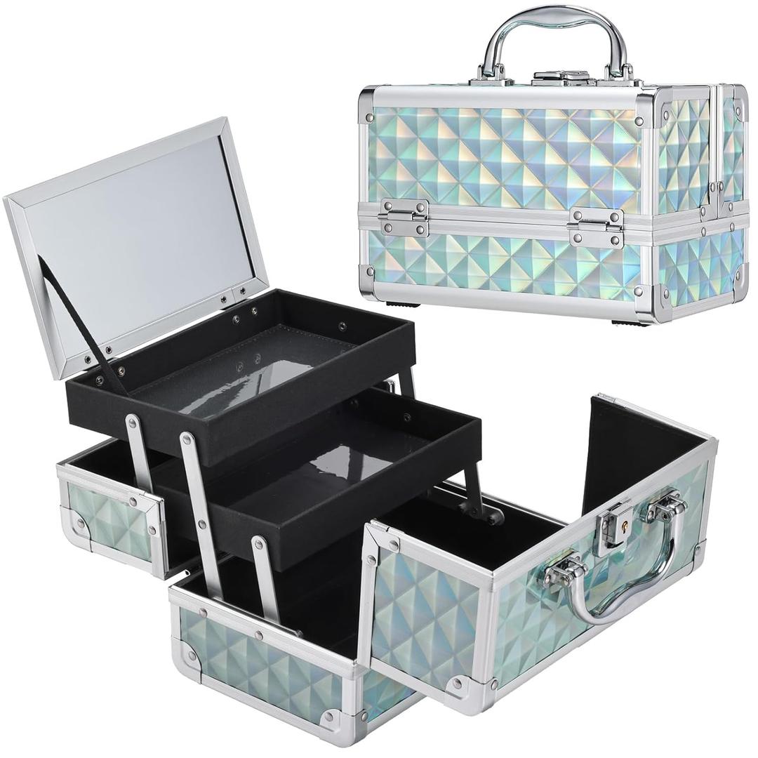 FRENESSA Makeup Case Portable Makeup Box Organizer Travel Cosmetic Case Storage with Mirror Locking Make Up Cases Organizers and Storage for Girls Nail Supplies Cosmetology Case Vanity Case Blue