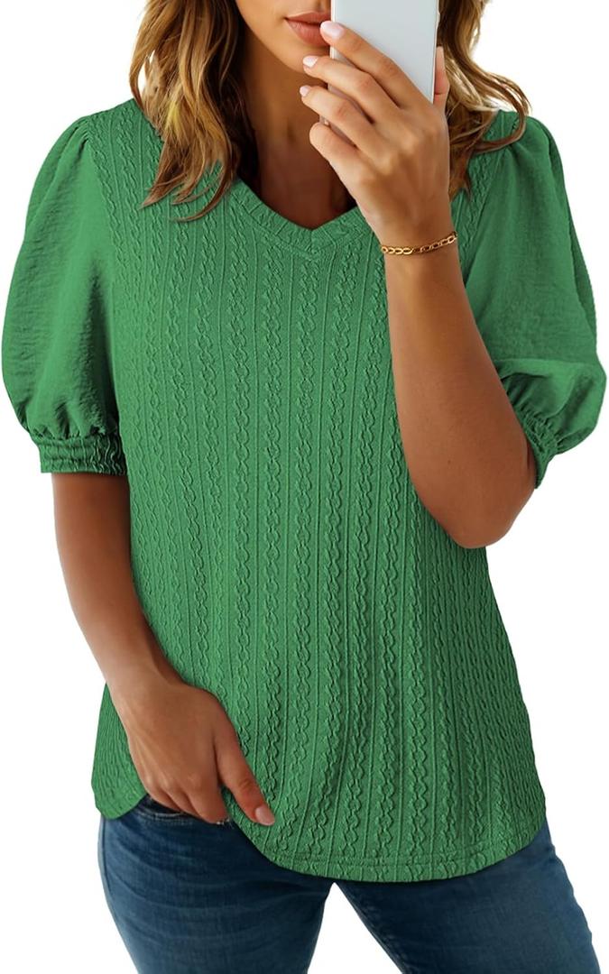 SHEWIN Women's Summer Tops V Neck Casual Puff Short Sleeve Textured T Shirts Blouses (Green, S)