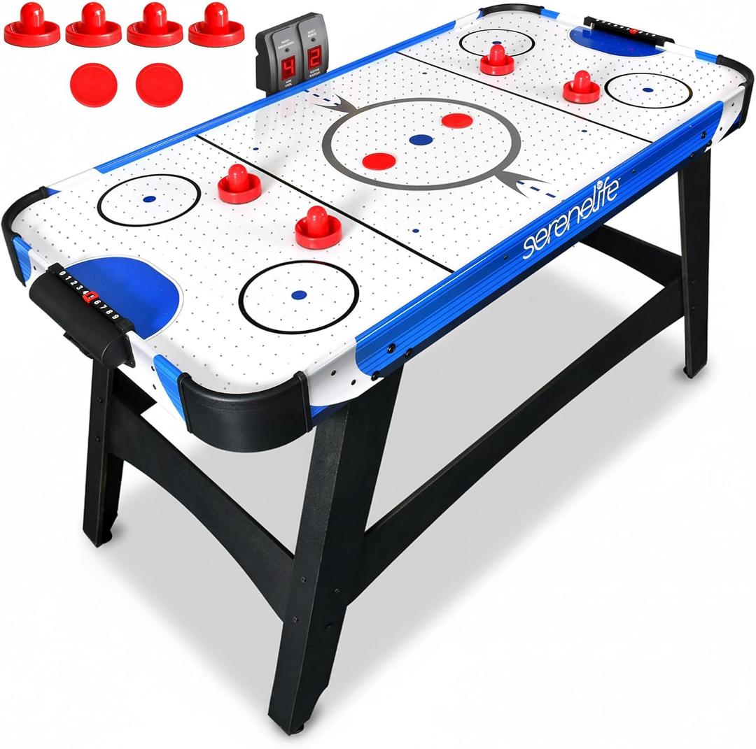 SereneLife 58in Powered Air Hockey Table Upgraded 700mA 12v 2X Powerful Motor, 4 Player 4 Pucks 2 Pushers, Full-Size Arcade Style, Inline Power Switch and Battery Free Digital LED Score Board (Blue)