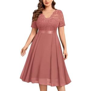 MISSMAY Women's Plus Size Lace Contrast Chiffon V Neck Flowy Cocktail Wedding Guest Midi Dress, 2XL