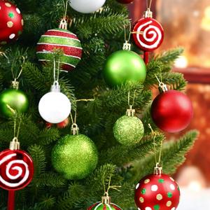 Waipfaru 94Pcs Red Green Christmas Ball Ornaments Set with Faux Fur Ribbon, Glittering Swirl Candy Cane Peppermint Balls for Christmas Tree Holiday Party Home Decoration