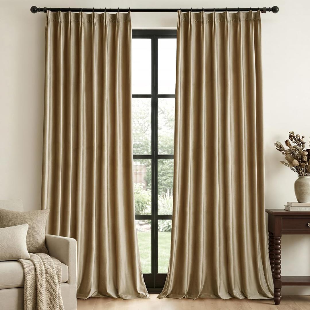 Taupe Velvet Pinch Pleated Curtains: 96 Inches Long 2 Panels Set Luxury Living Room Darkening Thermal Insulated Drape with Hooks- Elegant Soundproof Noise Reducing Back Tab Window Curtain for Bedroom