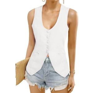 COCCKO Womens Vest Top Trendy V Neck Summer Sleeveless Blazer Vest Waistcoat Linen Cotton Tank Tops 2025 Size M White