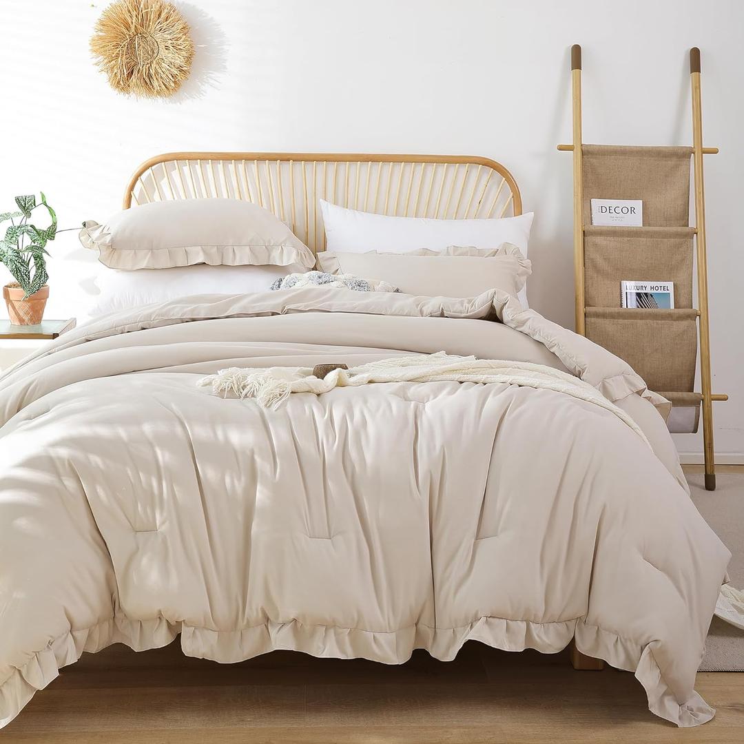 JANZAA Queen Size Comforter Beige Ruffle Comforter Set for Queen Bed 3PCS (1 Off White Comforter) Vintage Shabby Chic Bedding Soft Fluffy Bed Set for All Season (No Pillow Cases)
