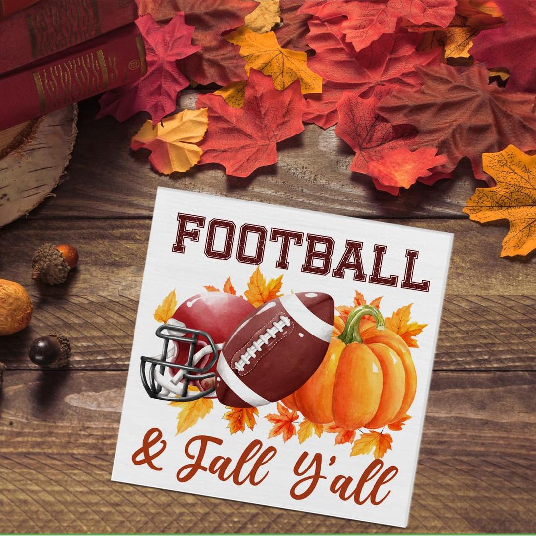 Fall Home Decor, Football Fall Wooden Sign Decor Desk Sign Pumpkin Wooden Block Sign Rustic Home Shelf Wall Decoration Pack of 2