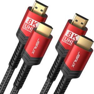 JSAUX 8K HDMI Cable 2.1, 48Gbps Ultra High Speed HDMI Cable Braided Cord (4K@144Hz, 4K@120Hz, 8K@60Hz) HDCP 2.2&2.3 HDR 10 eARC ARC, Compatible with Switch 2/PS5/Laptop/Monitor/HDTV/-Red,10ft