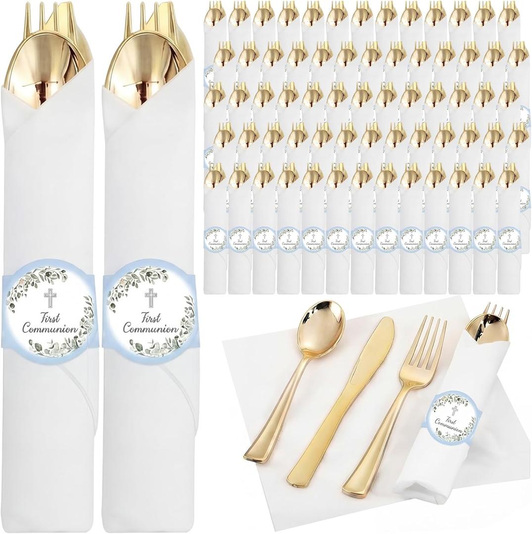 Blue 25 Pack Blue First Communion Decorations Pre Wrapped Silverware Set Disposable Serves 25, Gold Napkins Knives Forks and Spoons Baptism Party Utensils for Christening Celebration Party