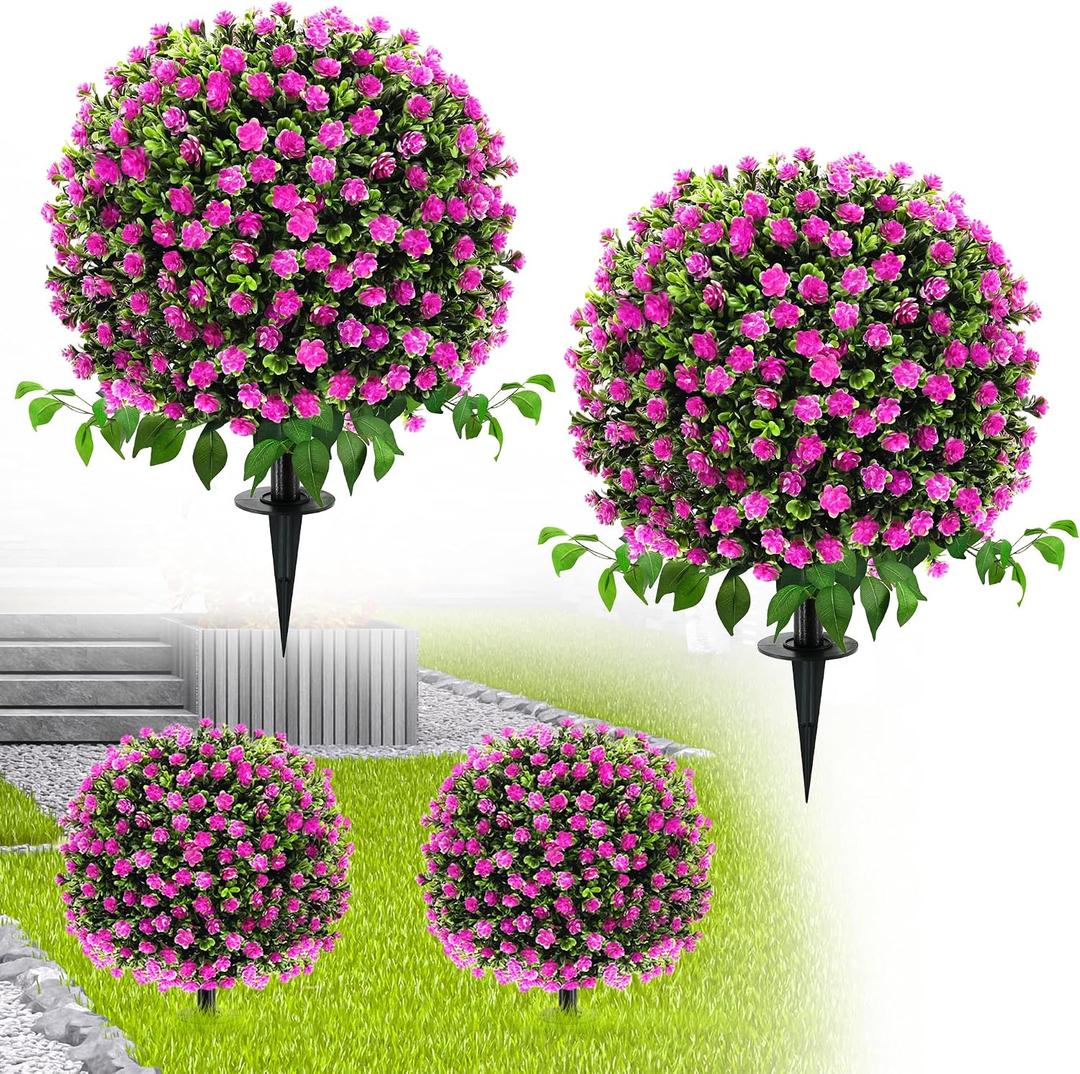 Artificial Boxwood Topiary Trees with Roses, 2 Pack Lifelike Evergreen Shrubs Featuring Ground Spike, Artificial Plants UV Protected for Year-Round Beauty in Indoor Outdoor Gardens and Porches