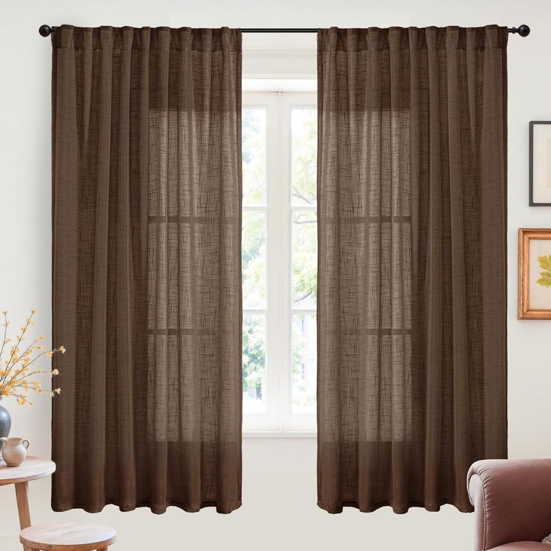 YoungsTex Dark Brown Linen Curtains 63 Inch Length for Living Room - Chocolate Light Filtering Window Drapes Semi Sheer with Rod Pocket Back Tab for Bedroom, 2 Panels, 52 X 63 Inch