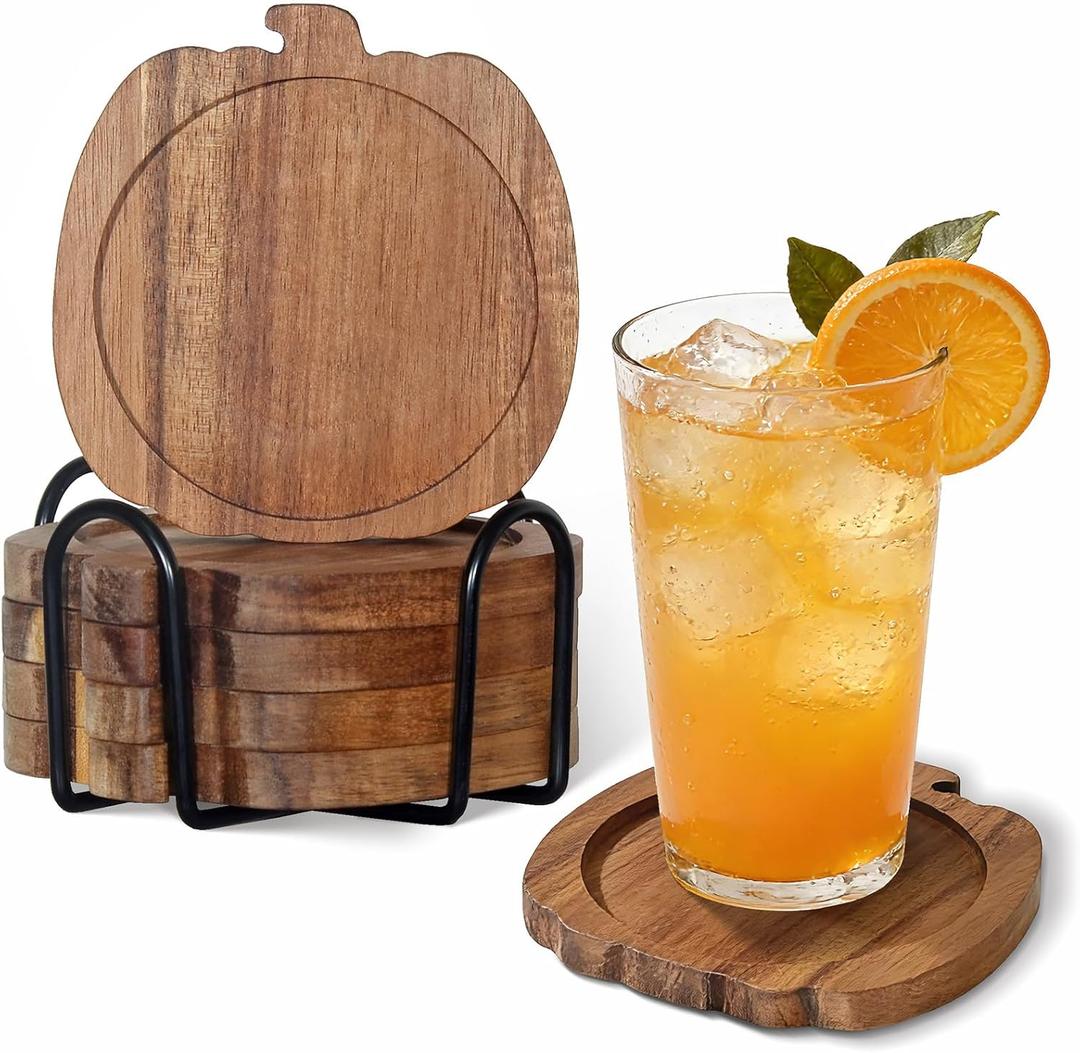 Coasters Set of 4,Pumpkin-Shaped Drink Coasters, Acacia Wood Coaster Set,Suitable for Coffee bar Accessories,Table Decor,Bars, and Offices