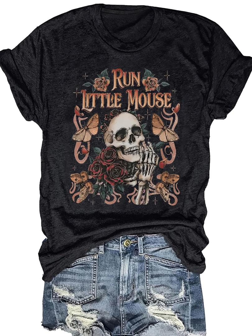 Women Cute Rose Butterfly Graphic Tees Halloween Skeleton Shirt Summer Funny Loose Fit Casual Vacation Short Sleeve Tops(Black2-XXL) (Black, XXL)