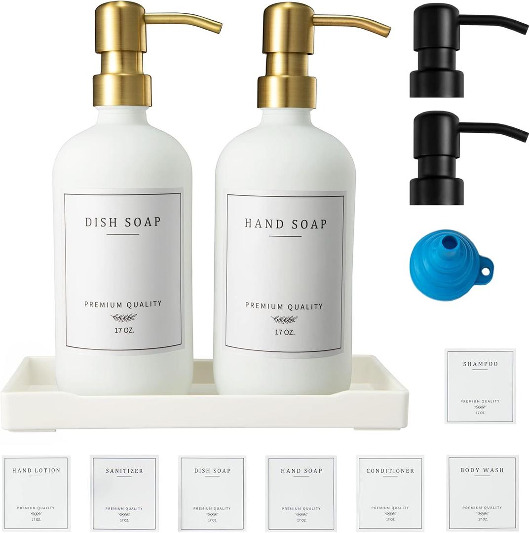 Glass Soap Dispenser for Kitchen, Farmhouse Kitchen Dish Soap Dispenser&Hand Soap Dispenser Set, Rustproof Pump Soap Lotion Dispenser Bathroom with Tray, Waterproof Label for Decor(White (White Bottle + Gold Pump + Black Pump)