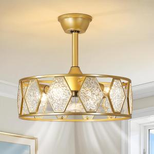 Crystal Caged Ceiling Fans Lights: 18.9'' Farmhouse Fandelier Ceiling Fan with Remote 6 Speeds Gold Semi Flush Mount Industrial Chandelier Modern Low Profile Ventilador de Techo for Bedroom Kitchen