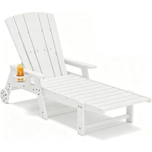 Outdoor Lounge Chair,HDPE 4-Position Adjustable Chaise Lounge Outdoor with Rolling Wheels & Cup Holder,All-Weather Heavy-Duty Pool Lounge Chairs for Poolside,Patio,White