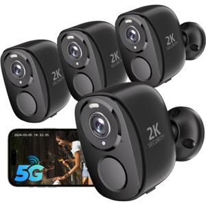 Rraycom 4Pack 5G/2.4G Security Cameras Wireless Outdoor,2K Battery Powered AI Motion Detection Siren Alarm WiFi Home Indoor Camera, Color Night Vision, 2-Way Talk, Waterproof, Works w/Alexa, Cloud/SD (Black)