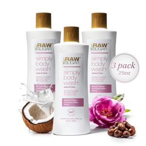 RAW SUGAR Simply Body Wash, Beach Rose + Coconut Milk + Shea (25 Fl Oz, Pack of 3) Sensitive Skin Bath Soap, Formulated without SLS/SLES & Parabens