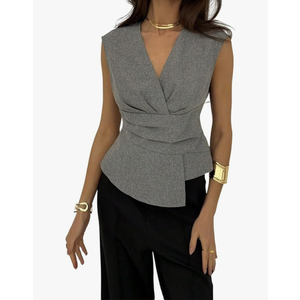 SweatyRocks Women's Pleated Sleeveless Work Blouse Elegant V Neck Asymmetrical Tank Top, Large
