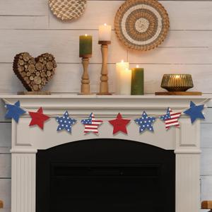 4th of July Patriotic Garland Decorations, Rustic Wooden Star Red White and Blue Garland Decor, Retro 4th of July Banner for Fireplace Mantel Wall Patriotic Party Home Decor (Star)